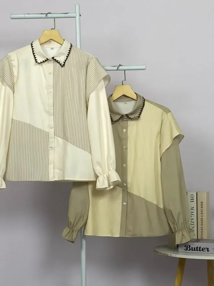 ASAYA Blouse wanita lembut desain patchwork garis elegan modern banyak pilihan