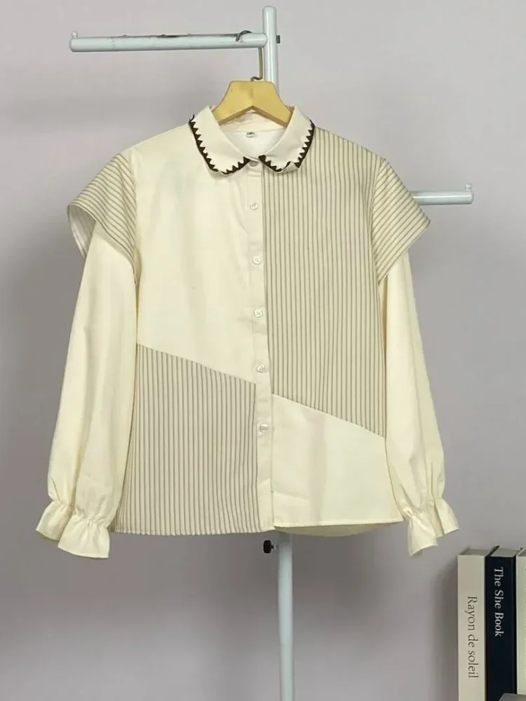 ASAYA Blouse wanita lembut desain patchwork garis elegan modern banyak pilihan