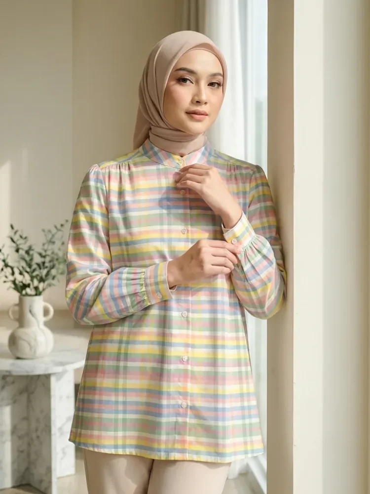 ASAYA Atasan kemeja lengan panjang  elegan longgar kasual cetak