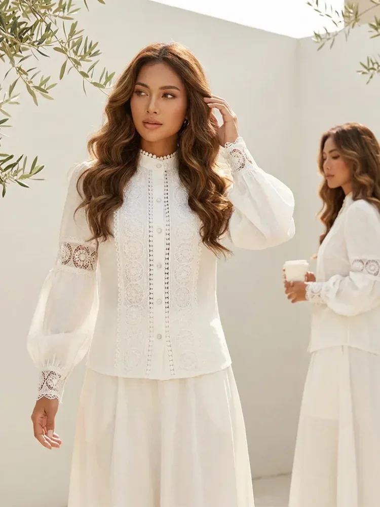 FADFAD Atasan wanita lengan panjang blus lengan lentera kerah tegak motif retro