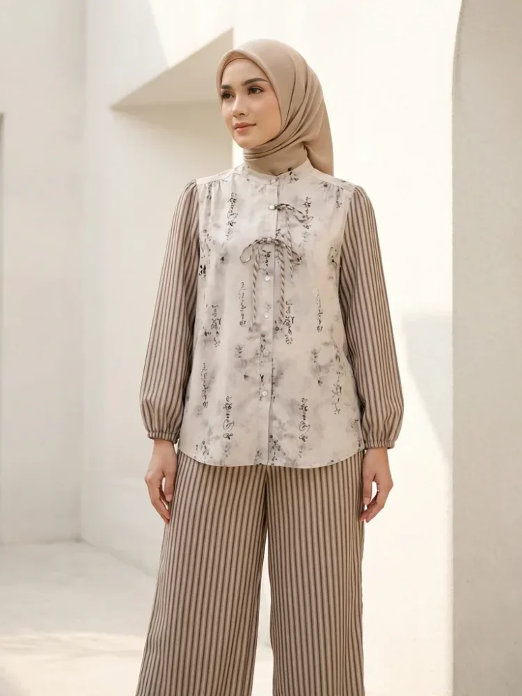 CHICMORE Kemeja lengan panjang wanita dengan cetakan serbaguna dan kombinasi garis, setelan longgar dengan celana panjang bergaris