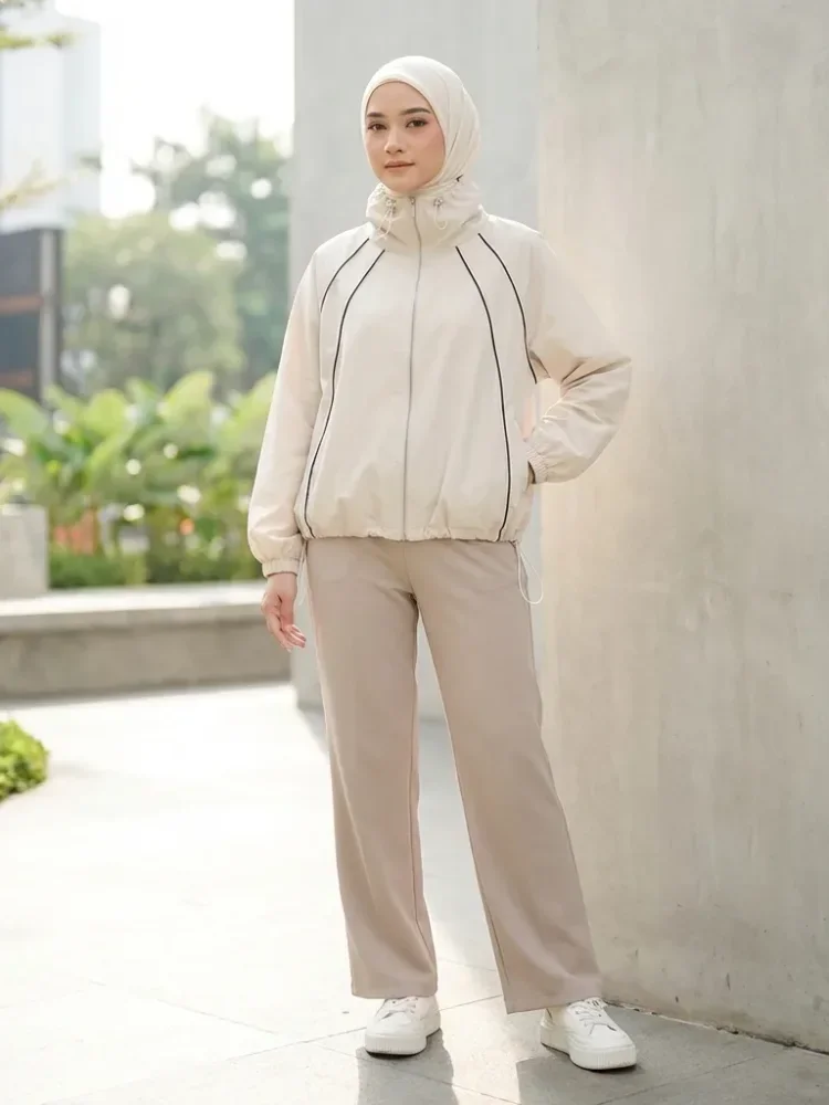 CHICMORE Atasan jaket pendek sporty kasual lengan panjang untuk wanita lembut longgar unik gaya casual elegant
