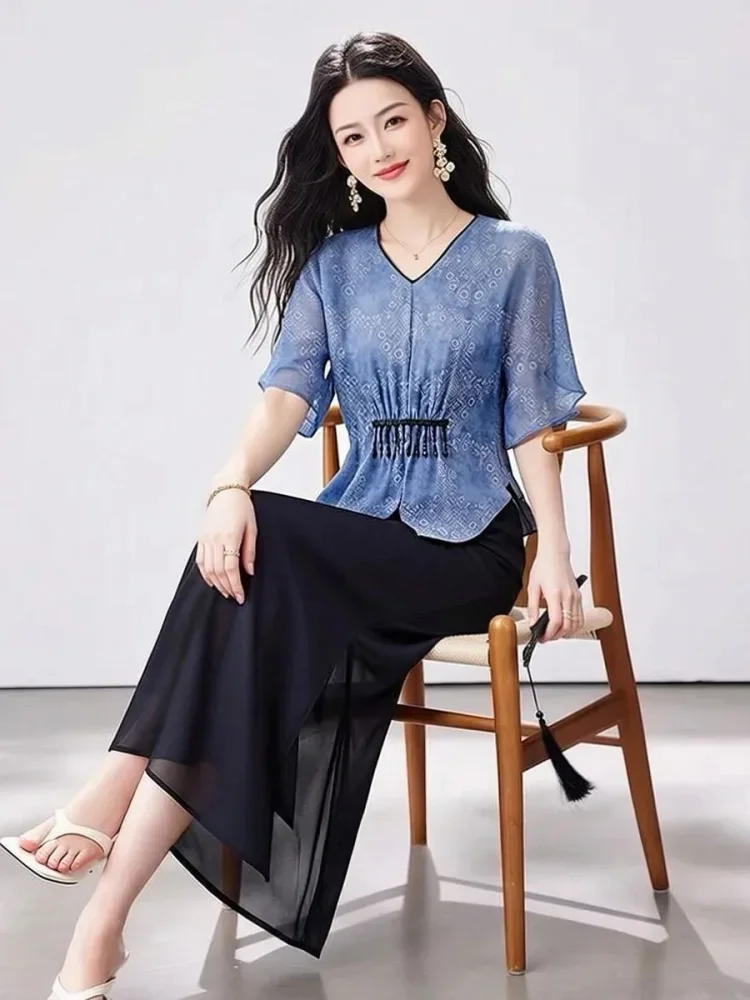 FADFAD Setelan wanita dua potong atasan blouse lengan pendek motif cetak dan celana panjang kasual