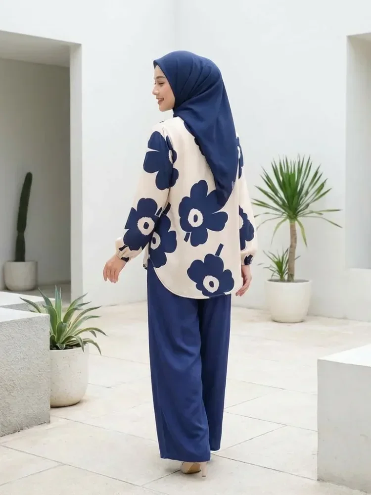 ASAYA Setelan dua potong wanita dengan motif bunga dan celana polos: atasan lengan panjang bermotif dan celana longgar