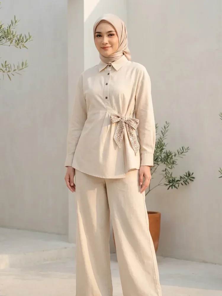 ASAYA Set dua potong atasan dan celana longgar yang modis dan sederhana untuk wanita