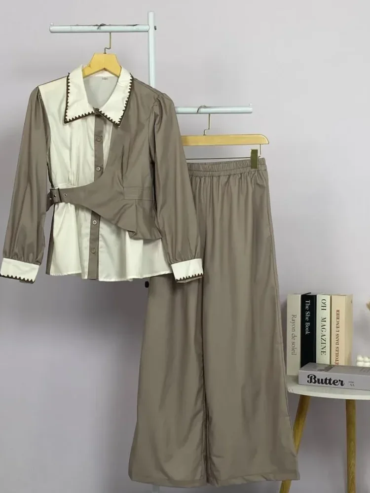 ASAYA Setelan wanita muslim 2 pcs - kemeja kontras + celana kulot nyaman