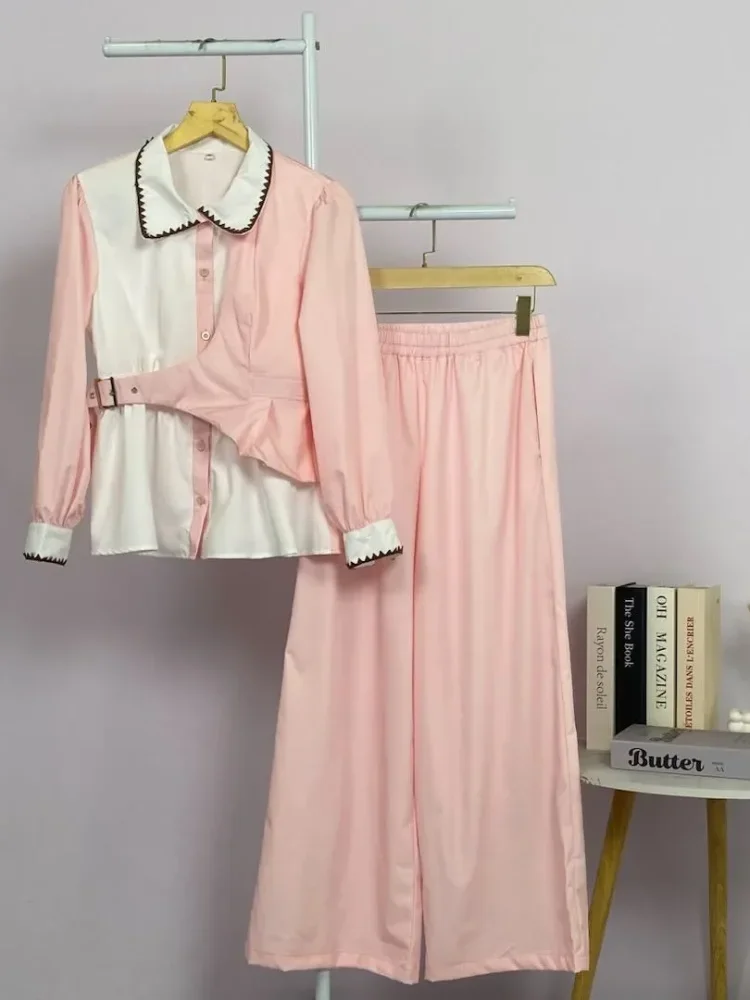 ASAYA Setelan wanita muslim 2 pcs - kemeja kontras + celana kulot nyaman