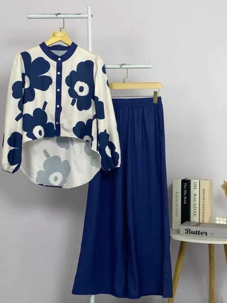 ASAYA Setelan dua potong wanita dengan motif bunga dan celana polos: atasan lengan panjang bermotif dan celana longgar