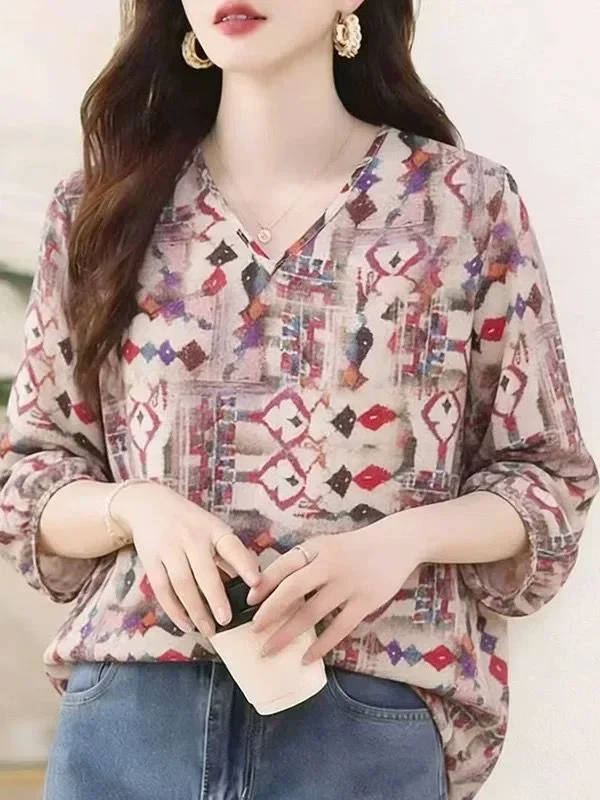 ASAYA Atasan blouse motif retro dengan lengan panjang dan leher berbentuk v