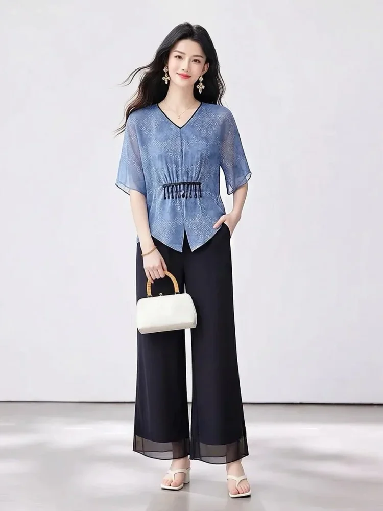 FADFAD Setelan wanita dua potong atasan blouse lengan pendek motif cetak dan celana panjang kasual