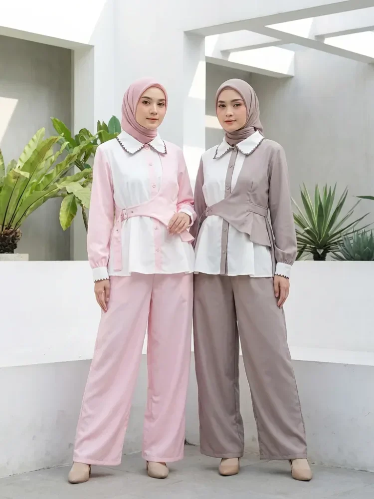 ASAYA Setelan wanita muslim 2 pcs - kemeja kontras + celana kulot nyaman