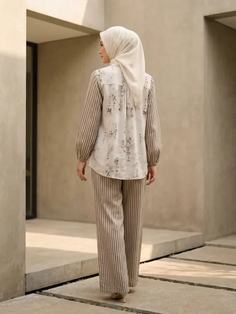 CHICMORE Kemeja lengan panjang wanita dengan cetakan serbaguna dan kombinasi garis, setelan longgar dengan celana panjang bergaris