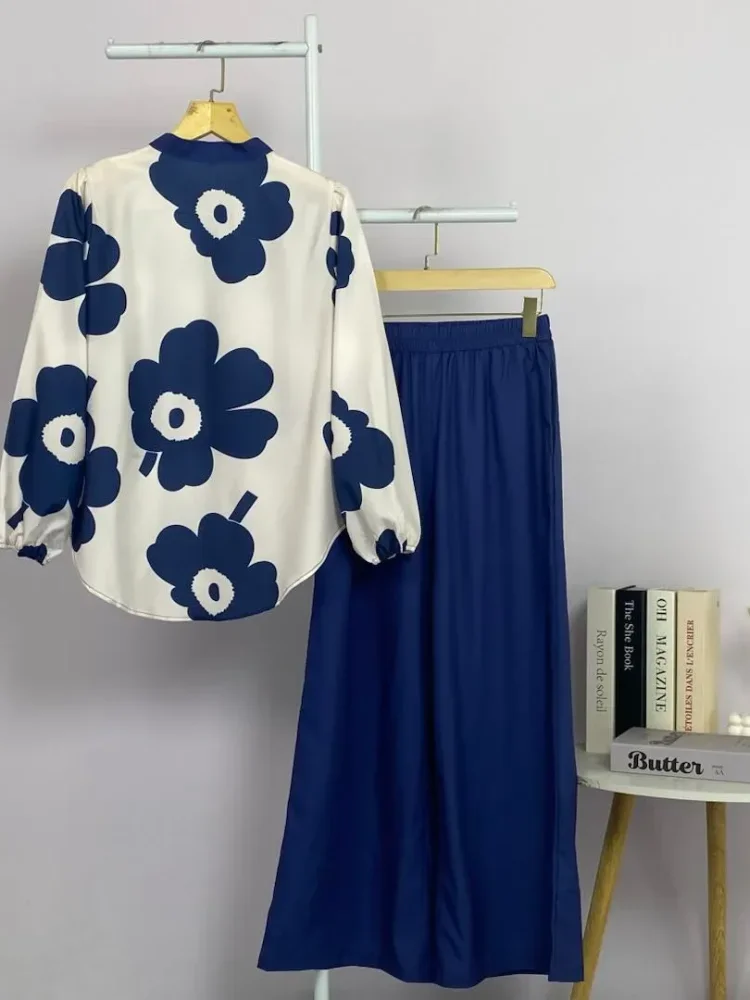 ASAYA Setelan dua potong wanita dengan motif bunga dan celana polos: atasan lengan panjang bermotif dan celana longgar