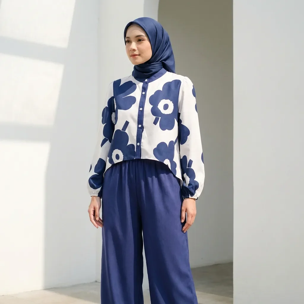 ASAYA Setelan dua potong wanita dengan motif bunga dan celana polos: atasan lengan panjang bermotif dan celana longgar