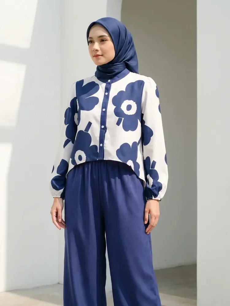 ASAYA Setelan dua potong wanita dengan motif bunga dan celana polos: atasan lengan panjang bermotif dan celana longgar