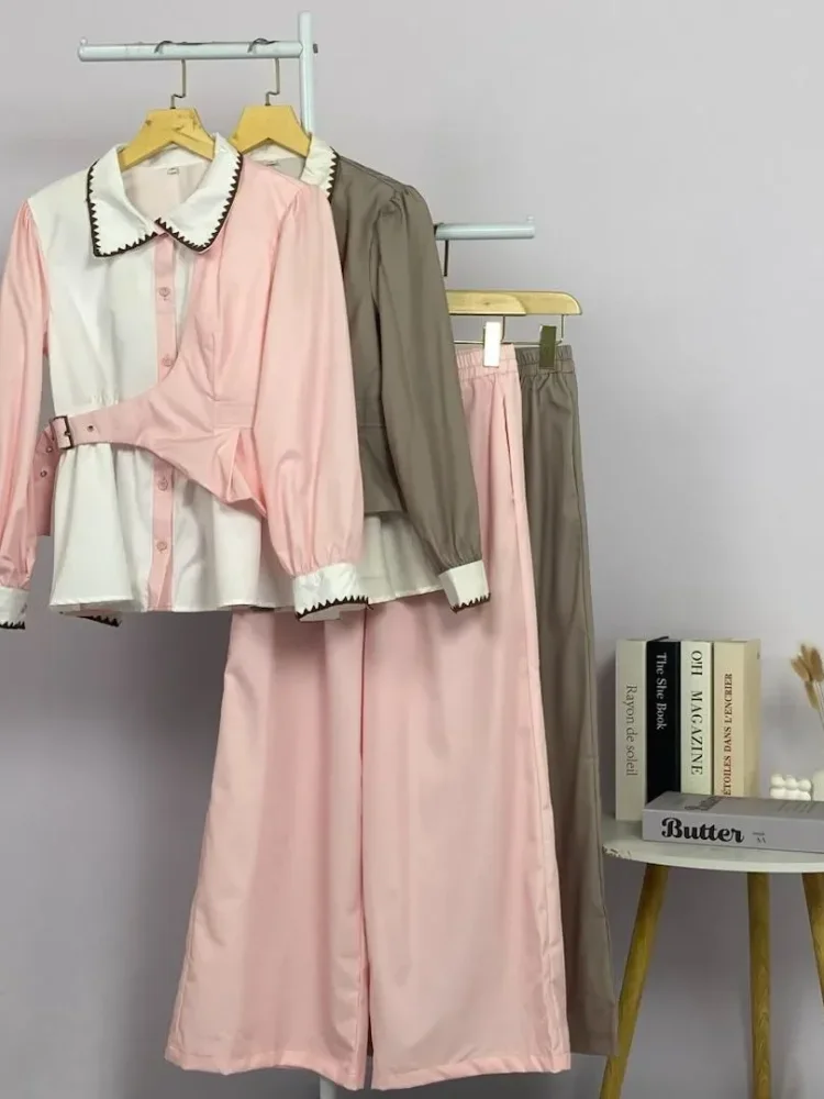 ASAYA Setelan wanita muslim 2 pcs - kemeja kontras + celana kulot nyaman