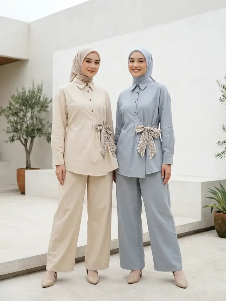 ASAYA Set dua potong atasan dan celana longgar yang modis dan sederhana untuk wanita