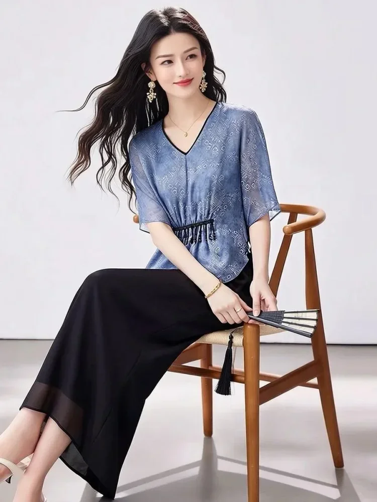 FADFAD Setelan wanita dua potong atasan blouse lengan pendek motif cetak dan celana panjang kasual