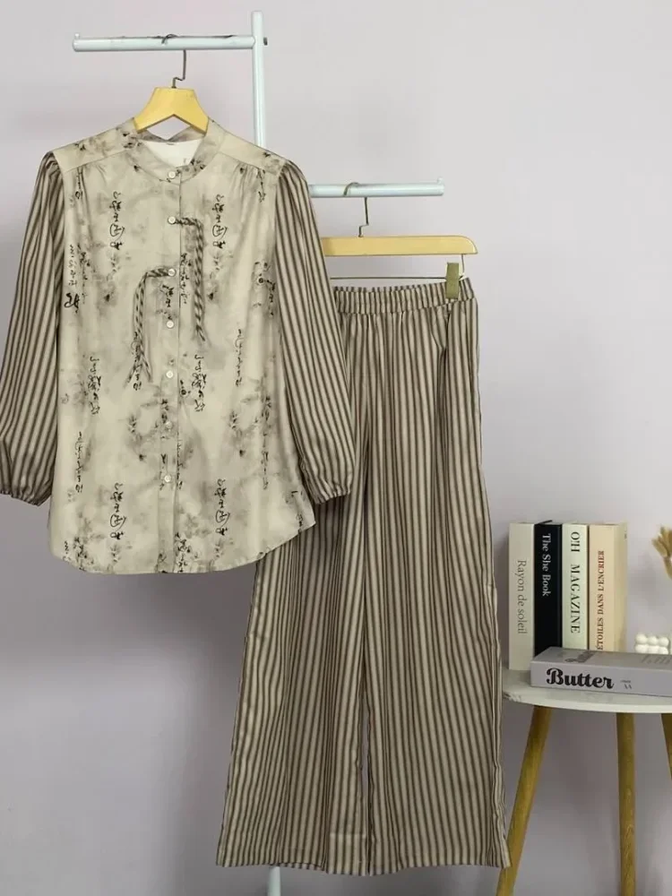 CHICMORE Kemeja lengan panjang wanita dengan cetakan serbaguna dan kombinasi garis, setelan longgar dengan celana panjang bergaris