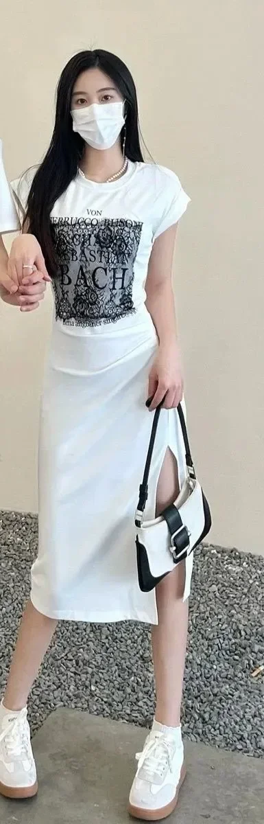FADFAD Gaun rok panjang lengan pendek ramping modis gaya casual