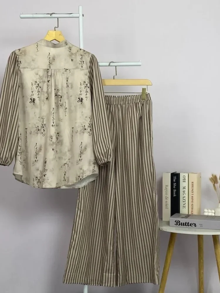 CHICMORE Kemeja lengan panjang wanita dengan cetakan serbaguna dan kombinasi garis, setelan longgar dengan celana panjang bergaris