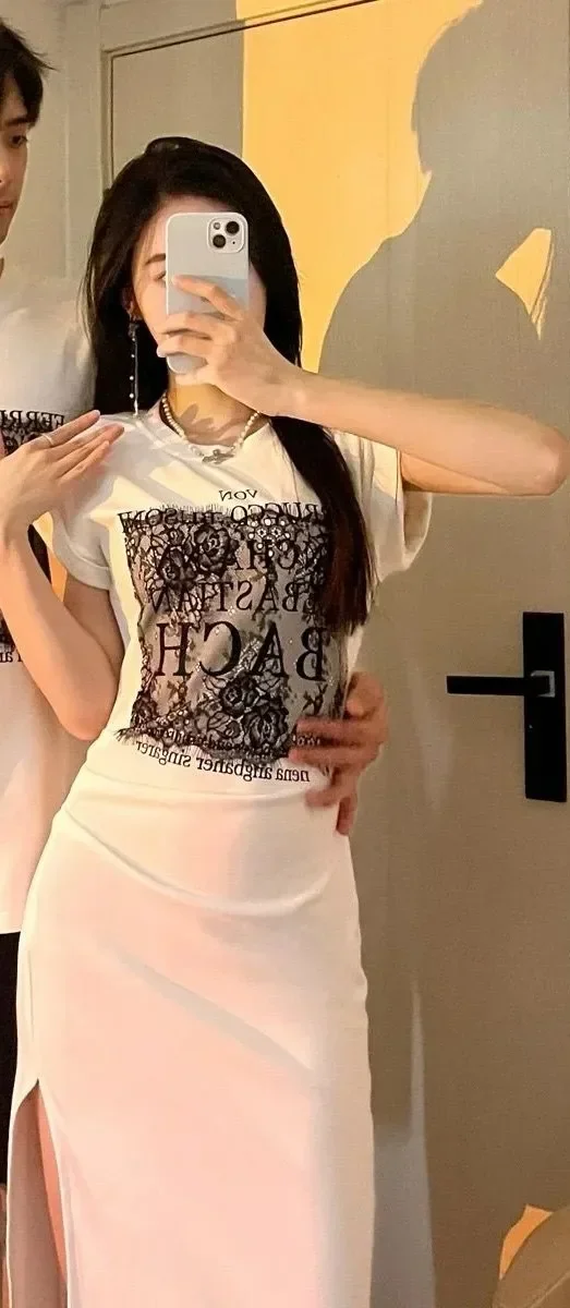 FADFAD Gaun rok panjang lengan pendek ramping modis gaya casual