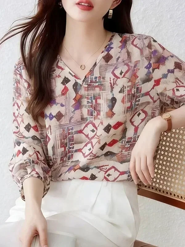 ASAYA Atasan blouse motif retro dengan lengan panjang dan leher berbentuk v