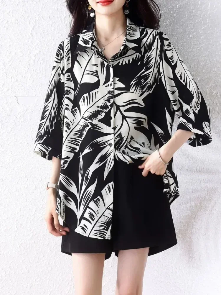 ASAYA Kemeja wanita kasual lengan tiga perempat motif cetak warna kontras kasual