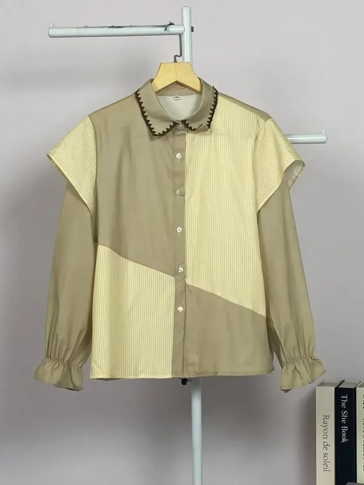 ASAYA Blouse wanita lembut desain patchwork garis elegan modern banyak pilihan