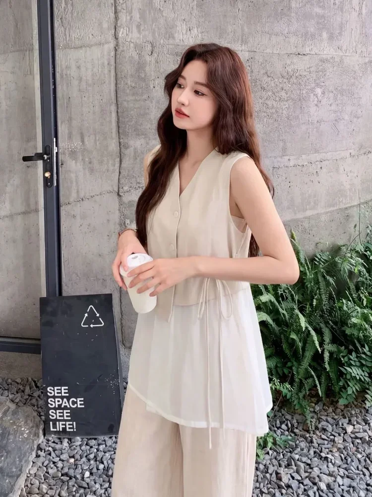 CHICMORE Setelan wanita gaya korea atasan dengan ikat pinggang kekinian dan celana panjang high waist warna solid