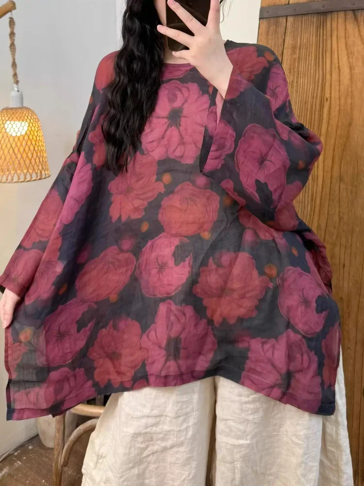 ASAYA Atasan wanita berkerah bulat lengan kelelawar motif bergaya retro untuk wanita.