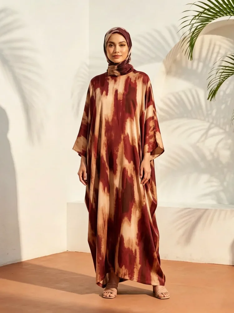 [DISKON KILAT]ASAYA Gaun wanita dengan motif gradasi lengan panjang dan longgar