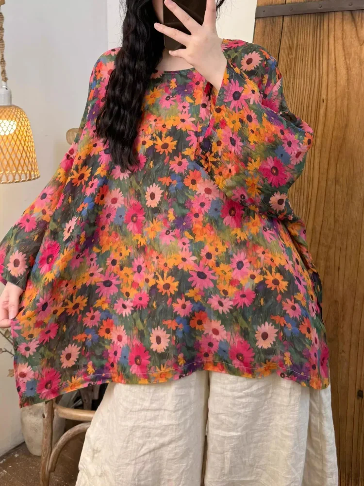 ASAYA Atasan wanita berkerah bulat lengan kelelawar motif bergaya retro untuk wanita.