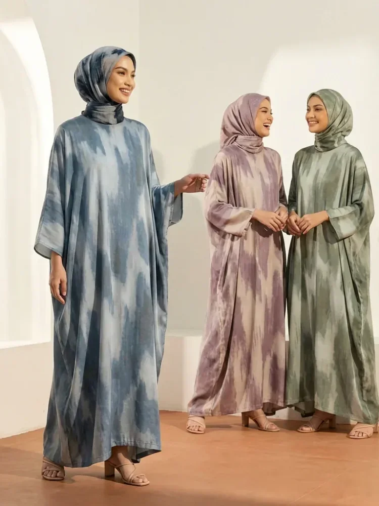[DISKON KILAT]ASAYA Gaun wanita dengan motif gradasi lengan panjang dan longgar