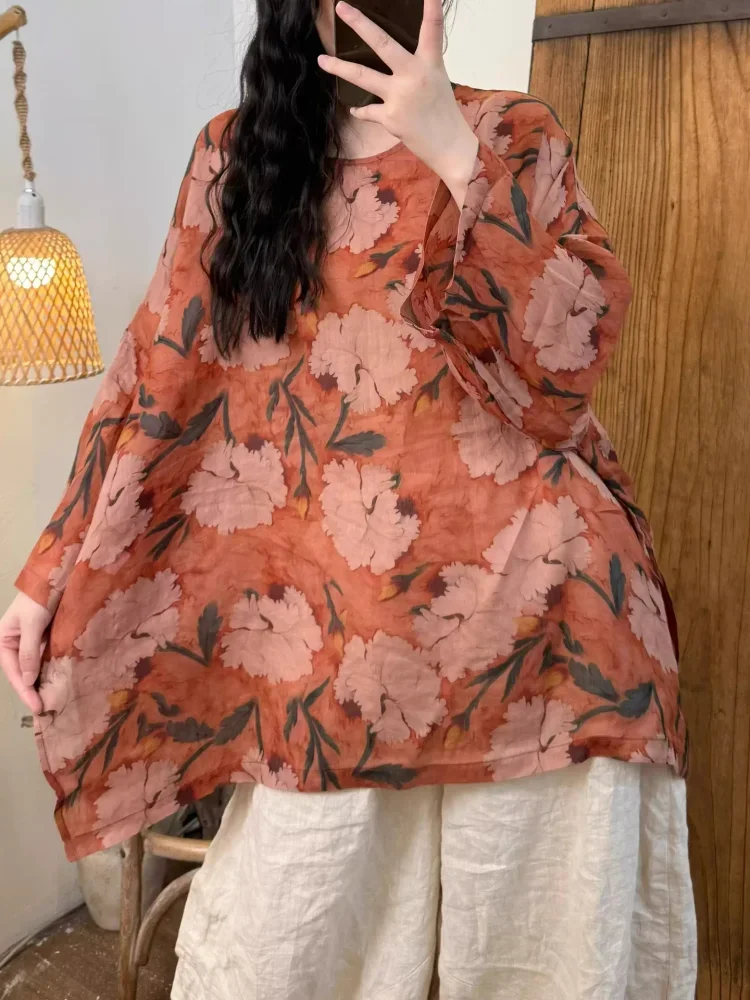 ASAYA Atasan wanita berkerah bulat lengan kelelawar motif bergaya retro untuk wanita.