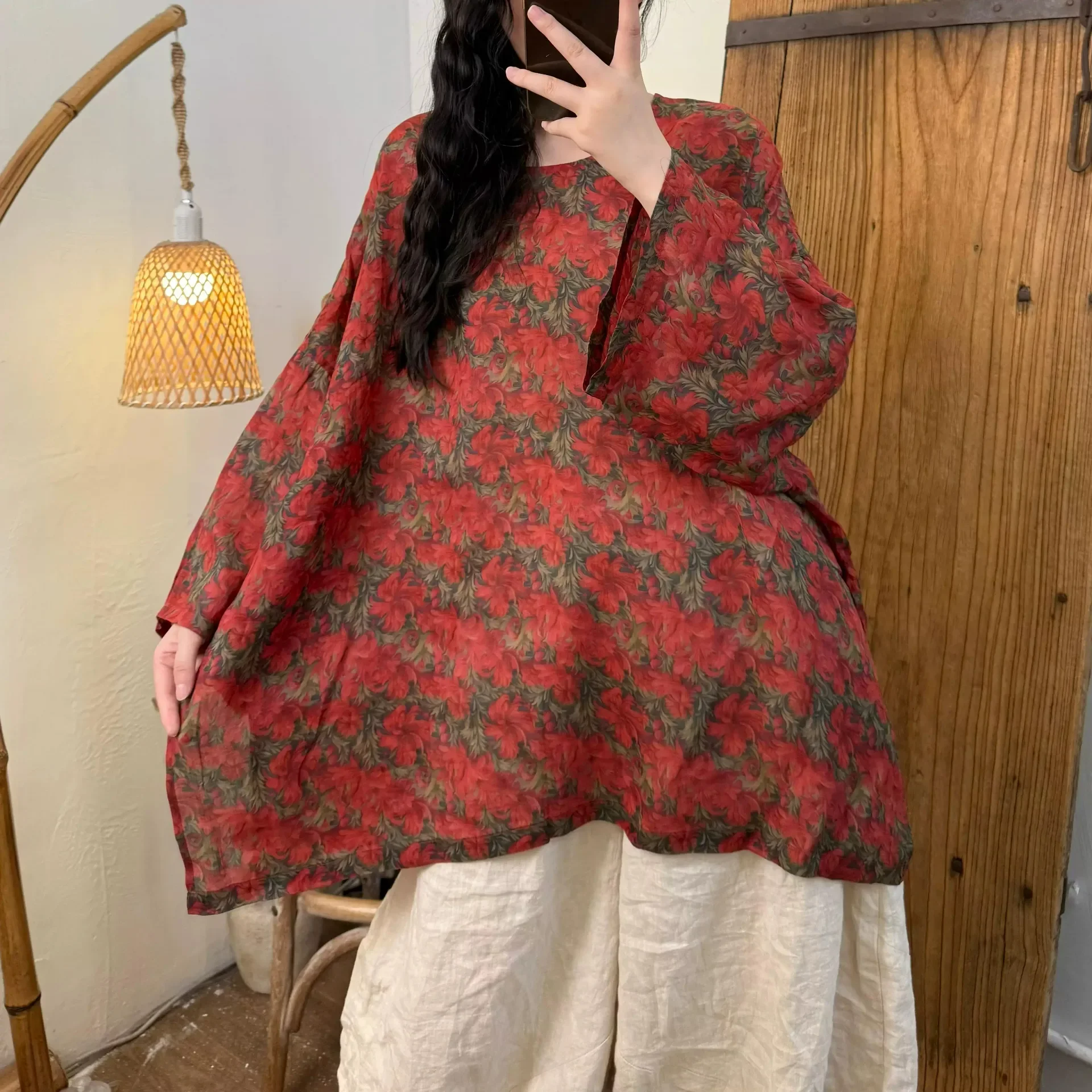 ASAYA Atasan wanita berkerah bulat lengan kelelawar motif bergaya retro untuk wanita.