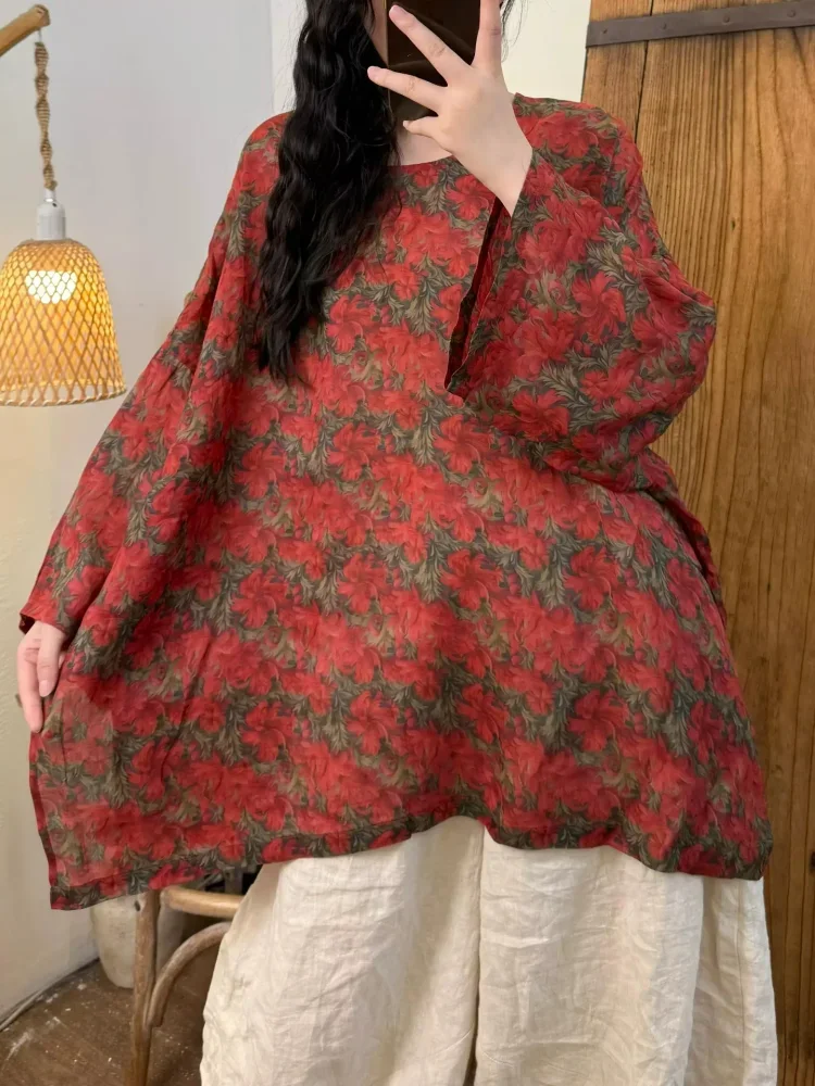 ASAYA Atasan wanita berkerah bulat lengan kelelawar motif bergaya retro untuk wanita.