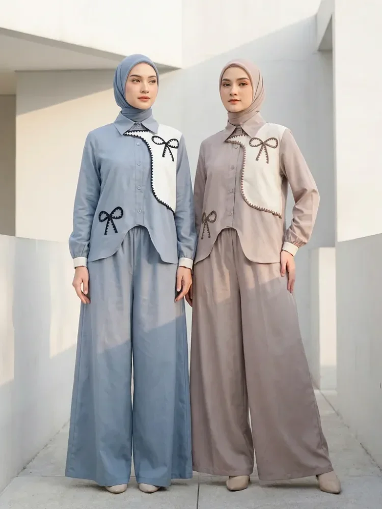 ASAYA Setelan wanita muslim 2 pcs - kemeja kontras + celana kulot nyaman