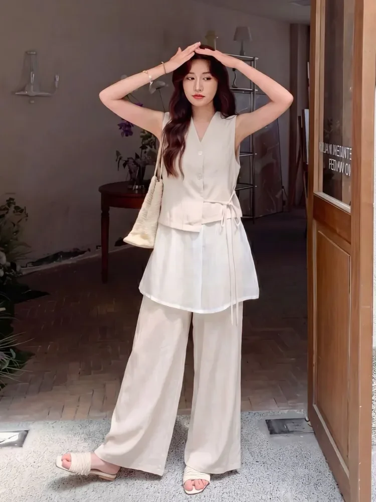 CHICMORE Setelan wanita gaya korea atasan dengan ikat pinggang kekinian dan celana panjang high waist warna solid