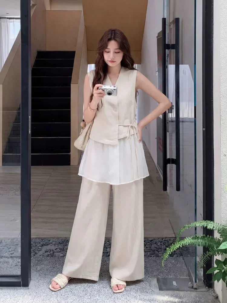 CHICMORE Setelan wanita gaya korea atasan dengan ikat pinggang kekinian dan celana panjang high waist warna solid