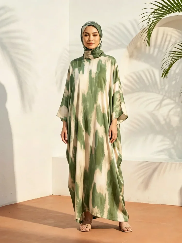 [DISKON KILAT]ASAYA Gaun wanita dengan motif gradasi lengan panjang dan longgar