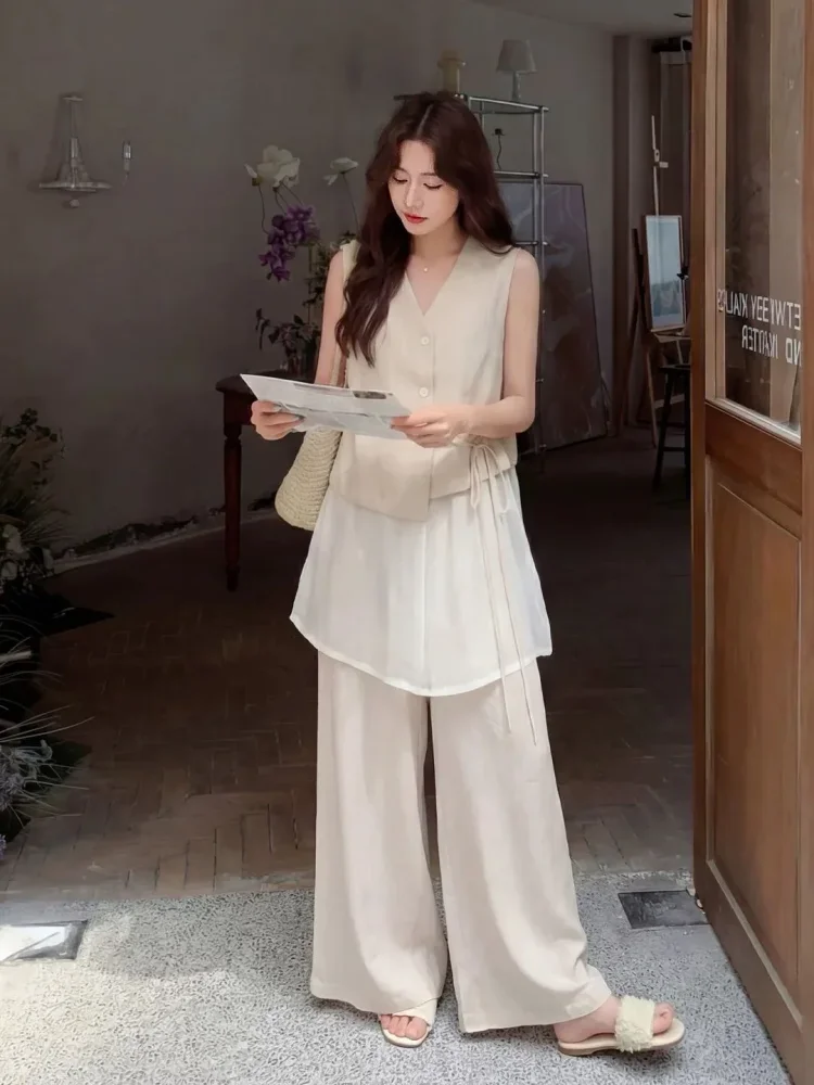 CHICMORE Setelan wanita gaya korea atasan dengan ikat pinggang kekinian dan celana panjang high waist warna solid