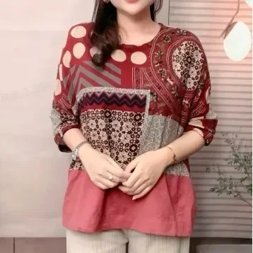 ASAYA Atasan motif cetak warna kontras gaya nasional baru