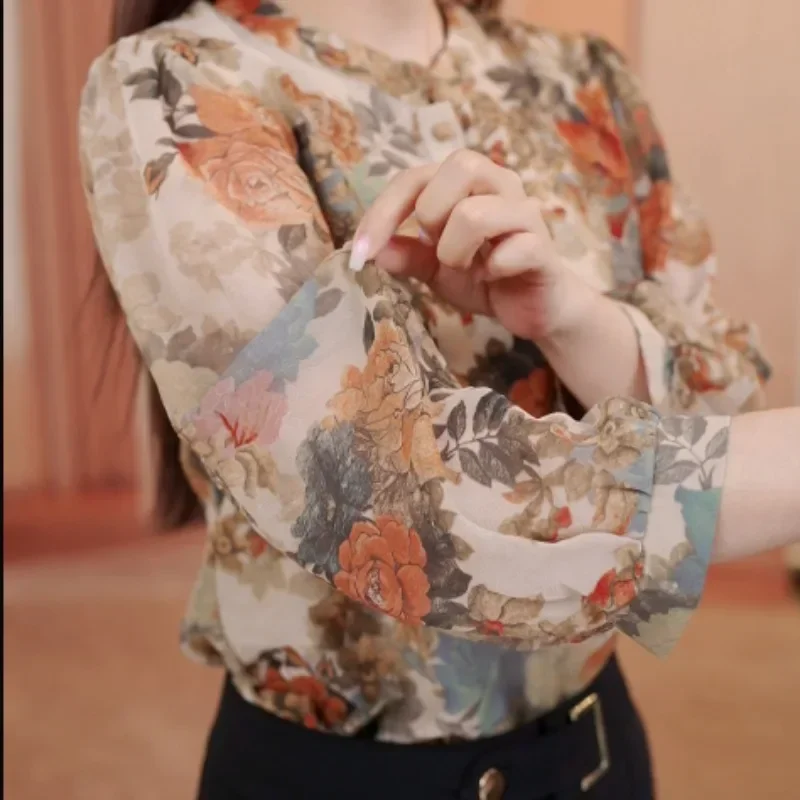 FADFAD Atasan kemeja motif bunga bunga gaya retro dan lengan tiga perempat