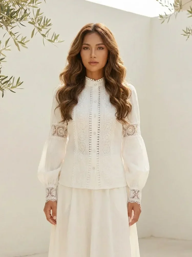 FADFAD Atasan wanita lengan panjang blus lengan lentera kerah tegak motif retro