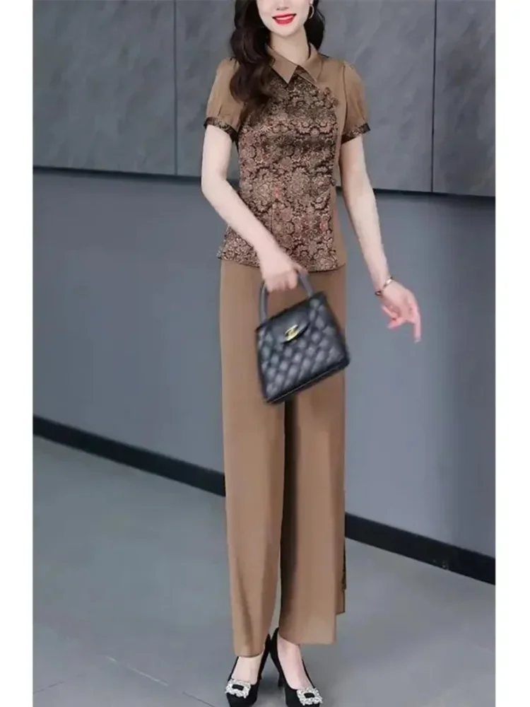 FADFAD Setelan wanita atasan lengan pendek model balon dengan bawahan celana panjang lurus