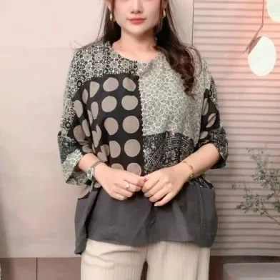 ASAYA Atasan motif cetak warna kontras gaya nasional baru