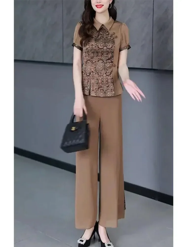 FADFAD Setelan wanita atasan lengan pendek model balon dengan bawahan celana panjang lurus