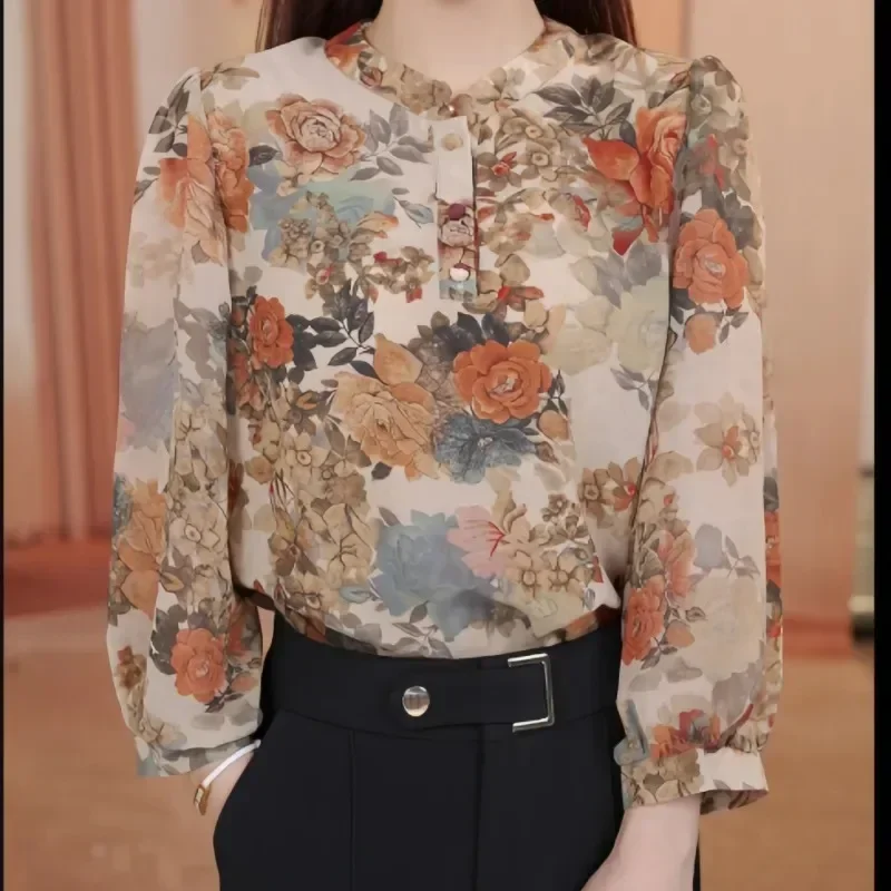 FADFAD Atasan kemeja motif bunga bunga gaya retro dan lengan tiga perempat