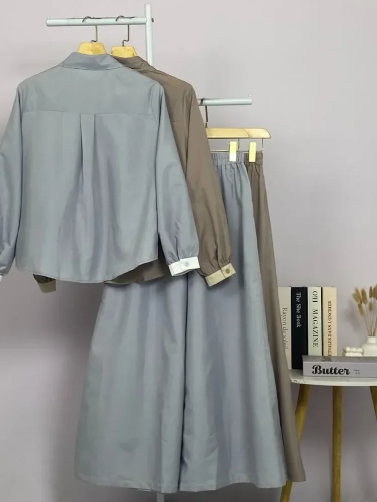 ASAYA Setelan wanita muslim 2 pcs - kemeja kontras + celana kulot nyaman